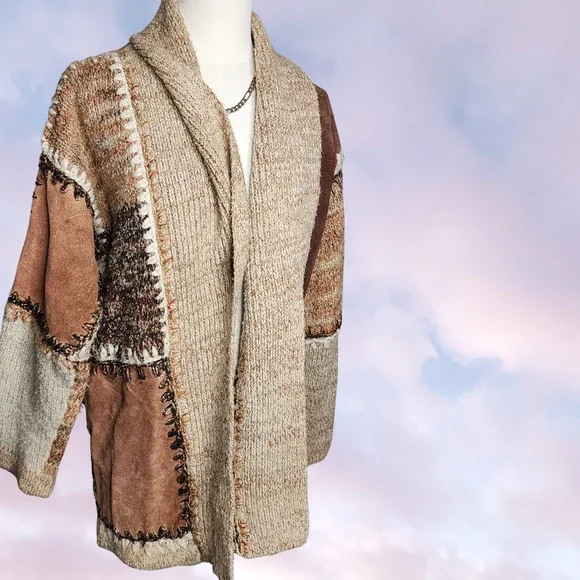 Vintage Cardigan Boho Patchwork Leather Acrylic 70's Chunky Knit Ugly Sweater M - Picture 2 of 6